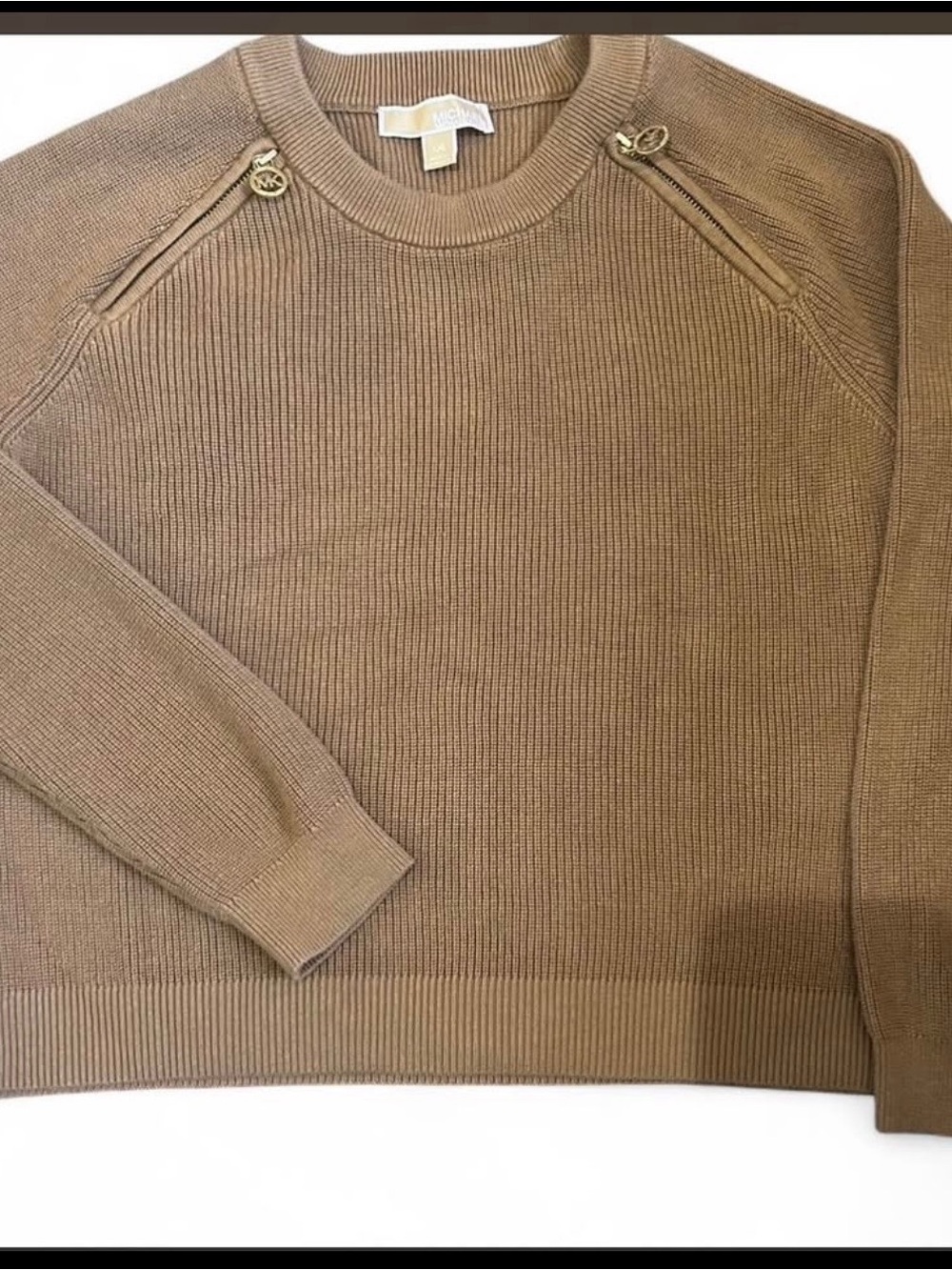 MICHAEL Michael Kors Camel Ribbed Crewneck Sweater with Zip-Shoulder Detail
